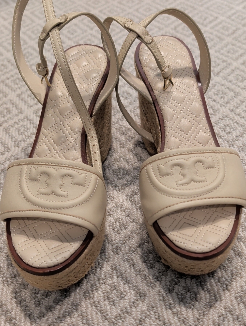 Tory Burch Cream Leather Espadrille Wedge Sandals